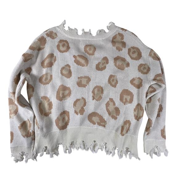 Neutral Leopard Print Distressed Sweater S/M Cream Beige Frayed Hem Grunge Knit - Picture 4 of 11